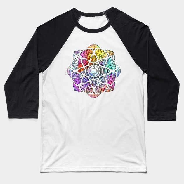 Rainbow Prismatic Crystal Mandala - Black Outline Baseball T-Shirt by CrystaLinaCrafts